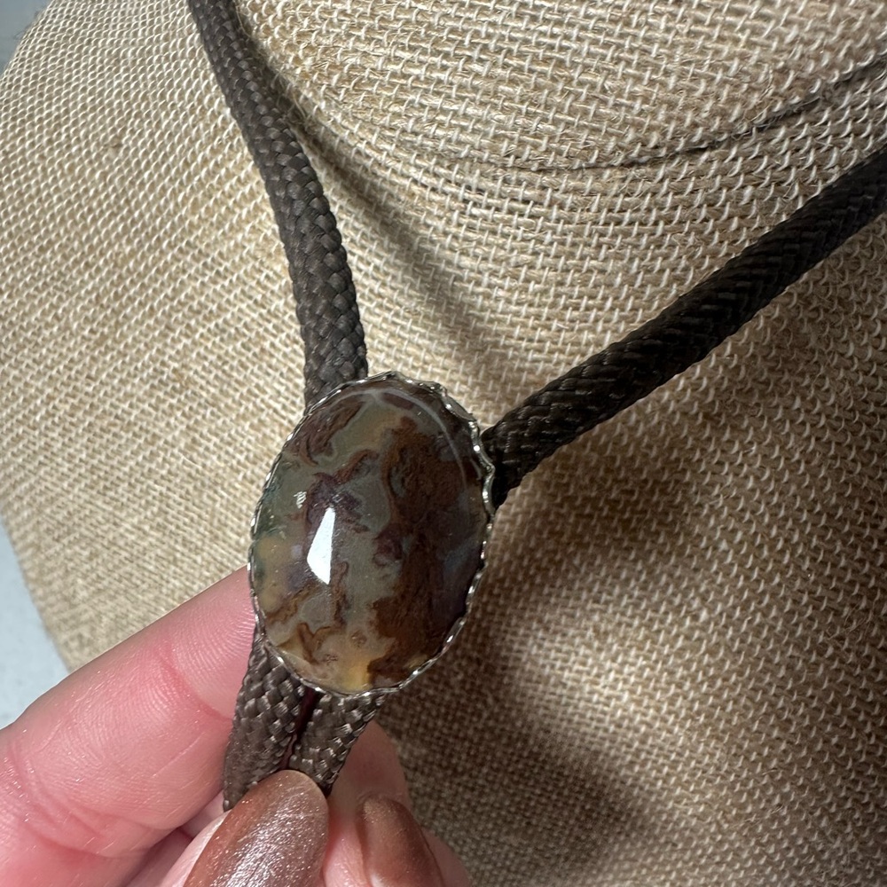 Vintage Bolo Tie Brown Agate Stone Western Necklace Cowboy Rodeo Unisex - Picture 3 of 4
